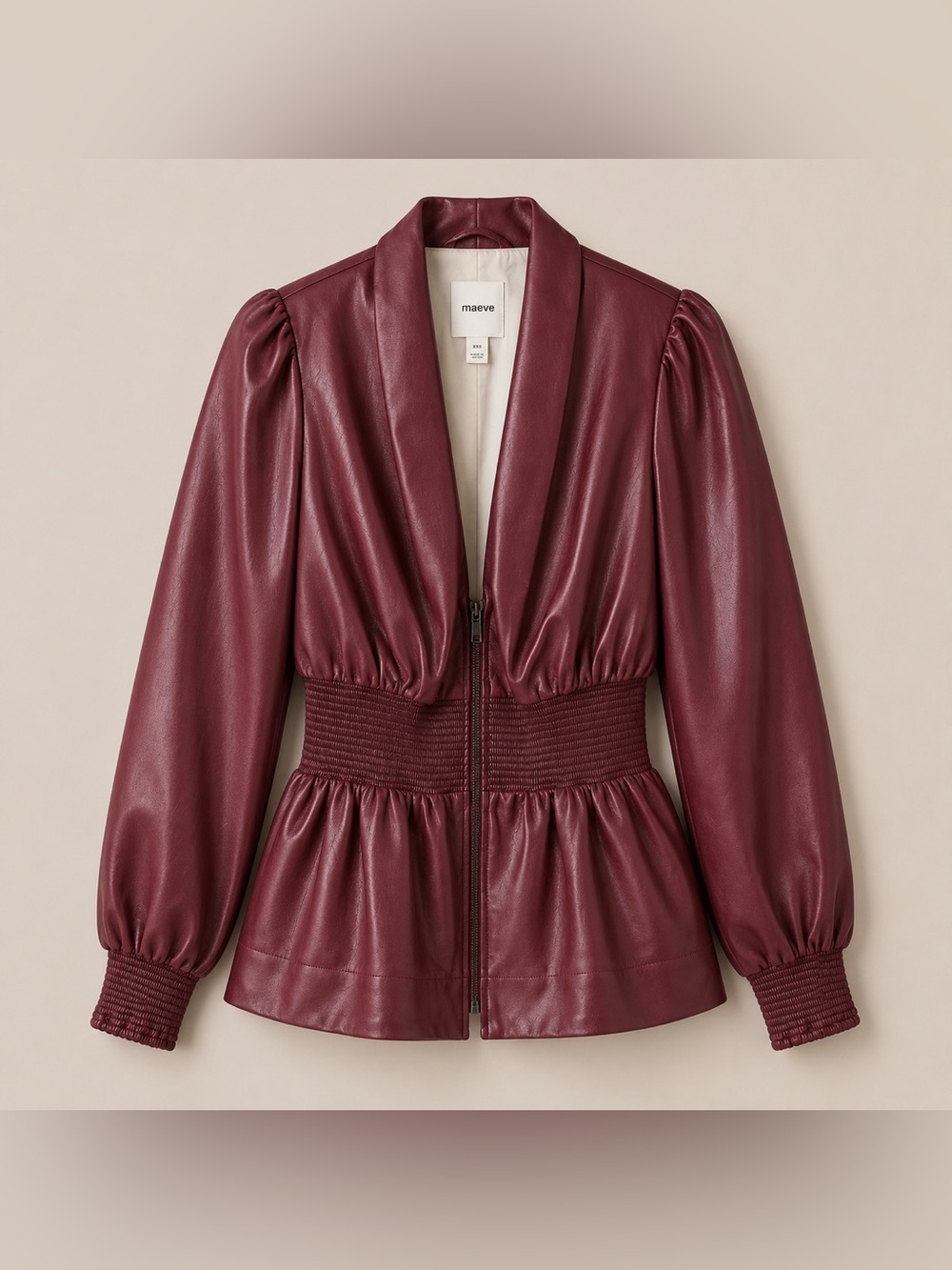 Maeve Anthropologie Faux Leather Smocked Waist Jacket Blazer XXS Burgundy Wine